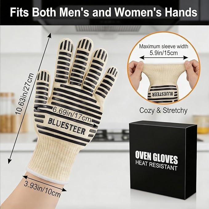 Oven Gloves, Heat Resistant 540 Degrees Grilling Gloves, Hot Surface Handler Non-Slip Silicone Oven Mitts with Fingers, BBQ Gloves for Cooking/Kitchen/Baking, Pack of 2