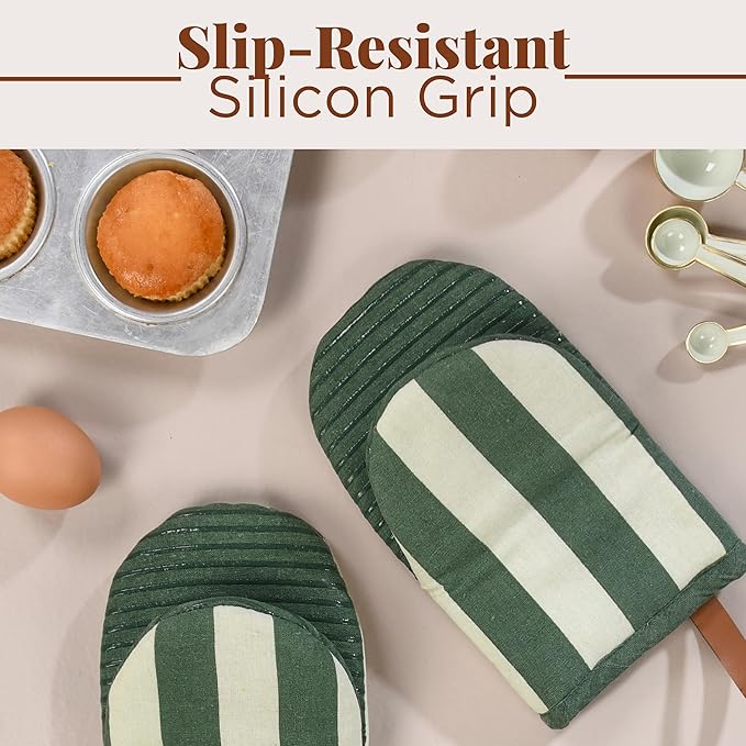 Folkulture Oven Mitts - Set of 2 (5.75"x9") | Oven Mitts with Hanging Loop for Cooking Gifts for Women, Kitchen Decor| 100% Cotton, Silicone Heat Resistant Mini Mitts - House Warming Gifts (Matcha)