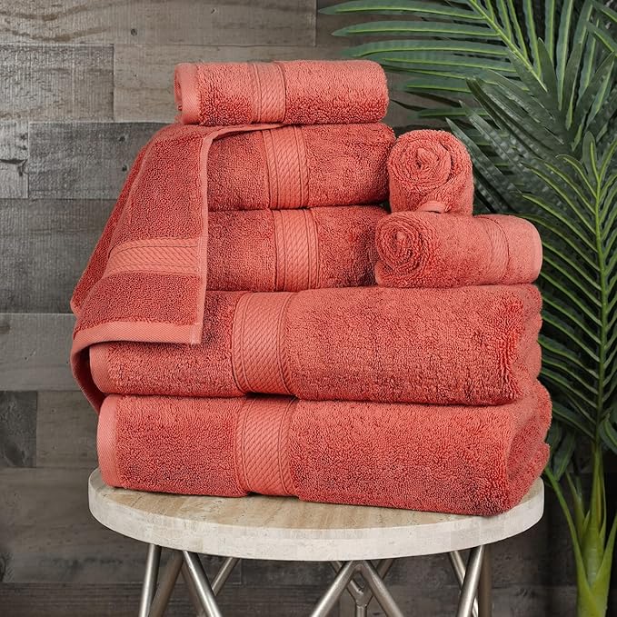 SUPERIOR Egyptian Cotton Pile 8 Piece Towel Set, Includes 2 Bath, 2 Hand, 4 Face Towels/Washcloths, Ultra Soft Luxury Towels, Thick Plush Essentials, Guest Bath, Spa, Hotel Bathroom, Coral