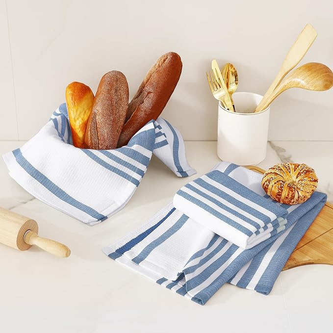 Homaxy Premium Kitchen Towels 18”x 28”, Large Cotton 380 GSM Kitchen Hand Towels, Stripe and Terry Dish Towel, Highly Absorbent Tea Towel Set with Hanging Loop, 6 Pack, Navy Blue