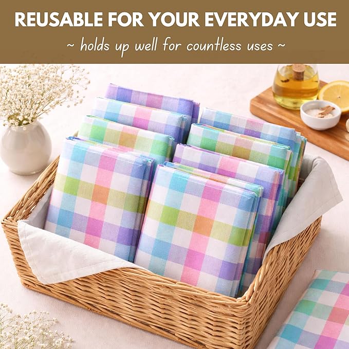Native Fab Easter Check Dinner Napkins Set of 12, 18x18 Inches, 100% Cotton, Colorful & Absorbent Fabric for Parties, Weddings, Holidays, Reusable Washable Cloth Napkin for Everyday Use - Multi Color