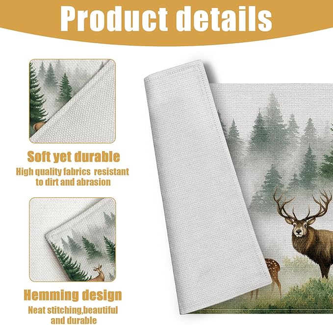 Misty Forest Deer Placemats Set of 6, Watercolor Tree Linen Place Mat Washable Stain Resistant Table Mats for Kitchen Dining Holiday Party 12x18 Inch
