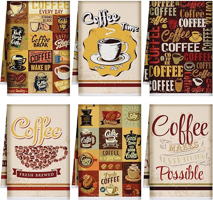 Bencailor 6 Pcs Coffee Kitchen Towels Decorative Sets Dish Towels Absorbent Fast Drying Hand Tea Vintage Hanging Reusable Cleaning Dishcloths for Cooking Farmhouse Bathroom Accessory
