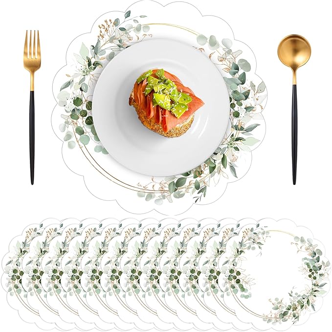 60Pcs Green Eucalyptus Leaves Paper Placemats, 13.5 Inch Disposable Wedding Placemat Scalloped Spring Table Mats, Round Paper Place Mats for Banquet Table Setting Baby Shower Wedding Bridal Tea Party