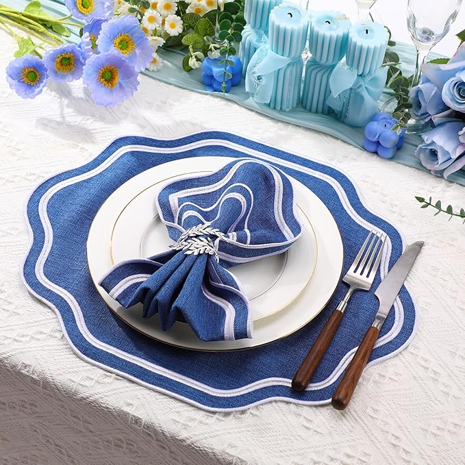 Breling 6 Pcs Wedding Placemats Scalloped Embroidered Cotton Linen Placemats 17" x 13" Double Layered Machine Washable Table Place Mat for Party Table Decor (Navy Blue)