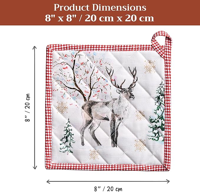 Maison d' Hermine Pot Holders 100% Cotton Heat Resistant Potholders 8" x 8" Hot Pads with Loop for Thanksgiving Christmas Decorations BBQ Cooking Baking Handling Hot Pans (Pack of 1, Rural Christmas)