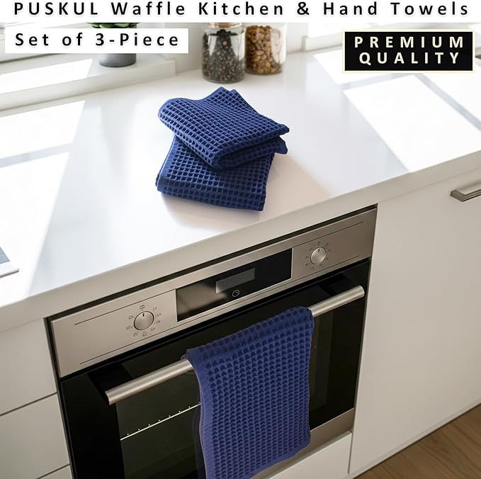 PÜSKÜL Natural 100% Turkish Cotton Waffle Kitchen Towels Set of 3 | Oeko-Tex, Premium Waffle Hand Towels for Bathroom | Soft Absorbent Quick-Dry Lint-Free Dish Towel Large 32x16 inch (3, Navy Blue)