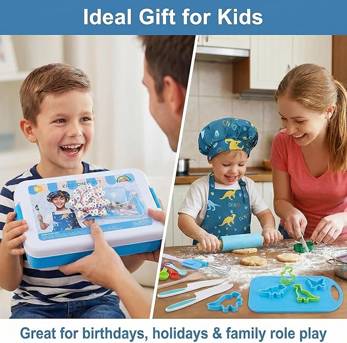 42-Piece Kids Cooking Set - Real Knife, Baking Set, Pots & Pans, Pretend Play Toys - Apron & Chef Hat for Boys
