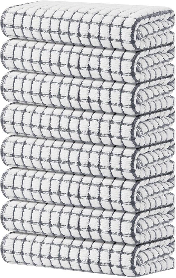 Kitinjoy Cotton 8 Pack Terry Kitchen Towels, 16 x 25 Inches Super Soft and Absorbent Dish Towels, Quick Drying Hand Towels for Kitchen Drying, Grey