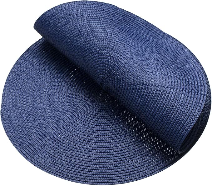 AHHFSMEI Round Placemats Set of 6 Heat Resistant Washable Non-Slip Woven Braided Table Mats for Dining Table Kitchen & Home Decor (Navy Blue)