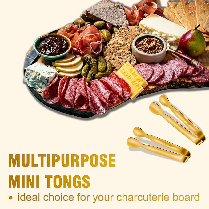 EDDEAS 12 PCS Small Serving Tongs, 4.3" Mini Gold Tongs, Gold Kitchen Tongs for Serving Food, Coffee Bar, Tea Party, Desserts Party and Ice Bucket