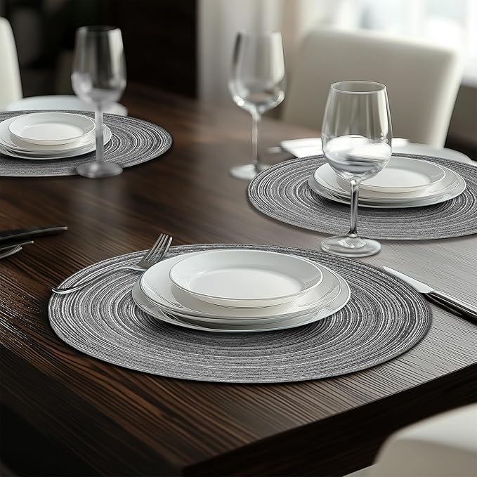 Braided Round Placemats Set of 6,Woven Washable Non-Slip Table Mats for Kitchen Dining, 14.5 Inch, Heat Resistant - Natural Fabric Indoor Outdoor Place Mats(Coffee)