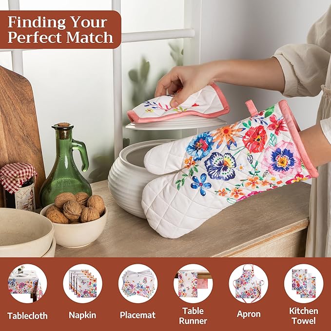 Maison d' Hermine 100% Cotton Oven Mitt & Pot Holder Set (7.5"x13" & 8"x8") Heat Resistant BBQ Cooking Gloves with Loop Baking Gifts for Mothers Day Spring/Summer (Happy Florals - High Summer)