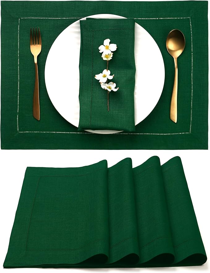 D'Moksha Homes Linen Placemats Set of 4 - Classic Hemstitch Forest Green Placemats 14 x 19 Inch - 100% Pure Linen Table Mats for Mothers Day - Handcrafted and Machine Washable