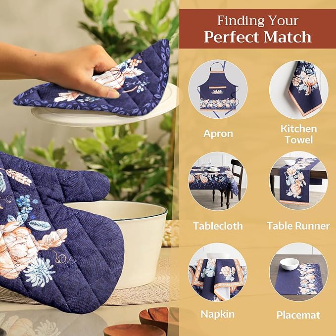 Maison d' Hermine Pot Holders 100% Cotton Heat Resistant Potholders 8" x 8" Hot Pads with Loop for Thanksgiving Christmas Decorations BBQ Cooking Baking Handling Hot Pans (Pack of 1, Pumpkin Blues)