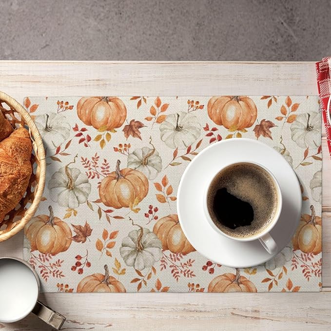 Fall Placemats Set of 4 Orange Grey Pumpkin Leaves Floral Decor Place Mats 12x18 Inch Autumn Leaf Harvest Thanksgiving Decorative Linen Table Mats for Home Kitchen Dining Party Table Decoration