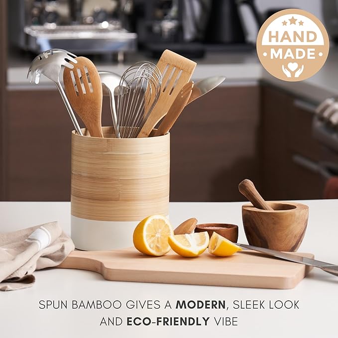 Handcrafted Bamboo Kitchen Utensil Organizer, Modern Countertop Cooking Utensil Holder, Large Crock
