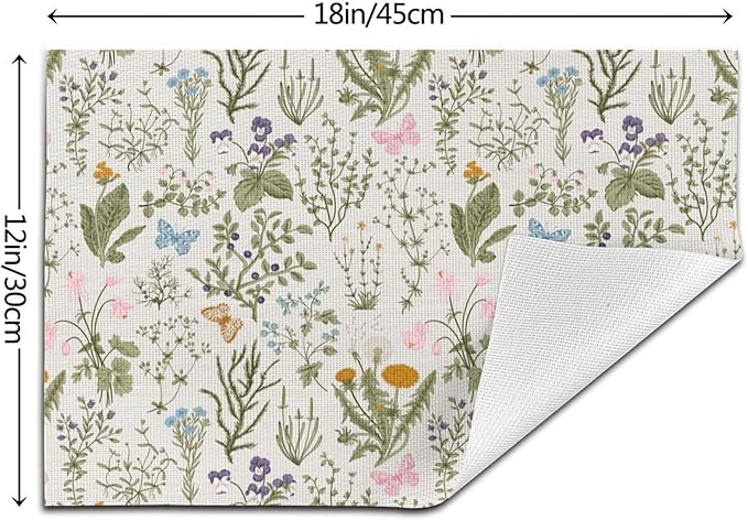 Vintage Wildflowers Placemats Set of 4, Herbs Plants Dining Table Mats, Washable Cute Botanic Spring Summer Sage Green Place Mats for Kitchen Dinner Parties Decor12 x18