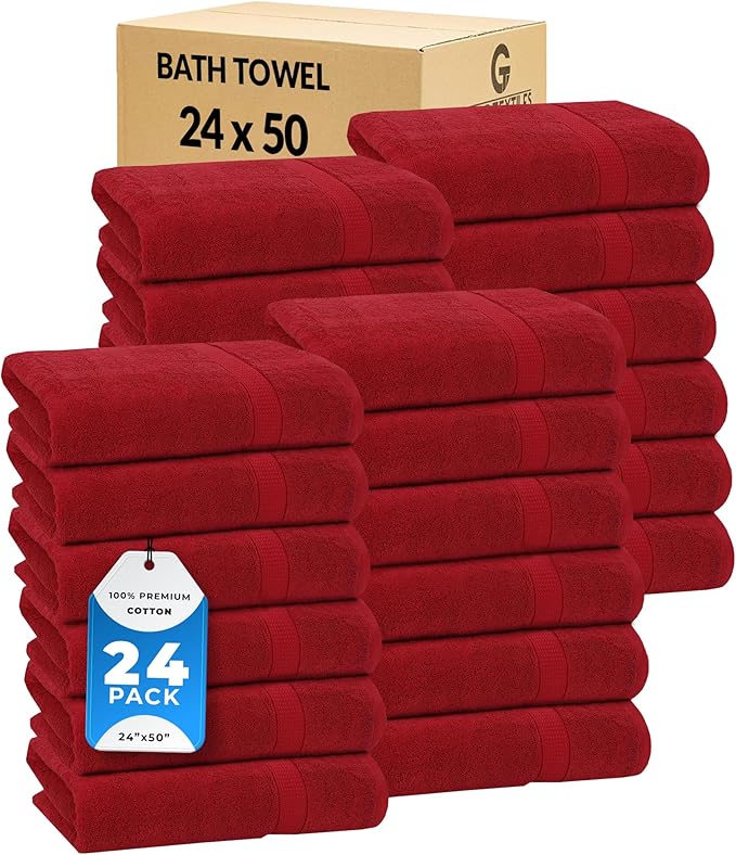 GOLD TEXTILES Premium Red 100% Cotton Bath Towels Set (24 Pack, 24 x 50 Inch) High Absorbency Multipurpose Quick Drying Pool Gym Hotel Spa Bath Towel (24, Red)