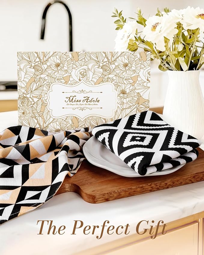 Miss Adola 2pcs Flour Sack Kitchen Towels - 18"x 26" Cotton Kitchen Hand Towels with Hanging Loop Reusable Geometric Beige and Black Modern Tea Towel Absorbent Dishcloths Home Decor, Modern Geometric