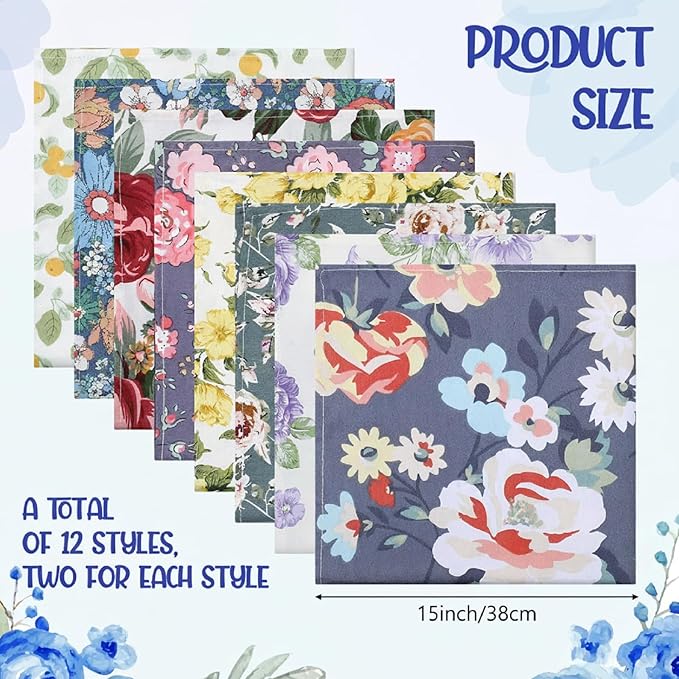 Tudomro 24 Pcs Cotton Cloth Napkins 15 x 15 Inch Floral Dinner Napkins Washable Home Decor for Spring Summer Family Dining Cocktail Parties Wedding Party Dish Plates,12 Styles