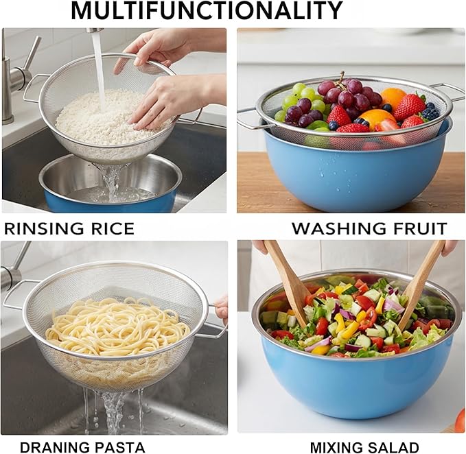 Stainless Steel Mixing Bowl and Colander Set, 3.5 Qt Rice Washer Strainer Bowl, 12"Fine Mesh Strainer with Handle for Rice, Cooked Pasta, Fruits,Versatile Kitchen Draining Set (Blue)