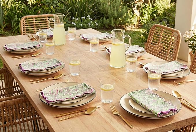 PurpleEssences Scalloped Embroidery Kalamkari Cloth Napkins - Spring Easter Summer - Table Decor - 100% Cotton - Set of 4-18x18 inch - Sage Green Edges - Blush Pink