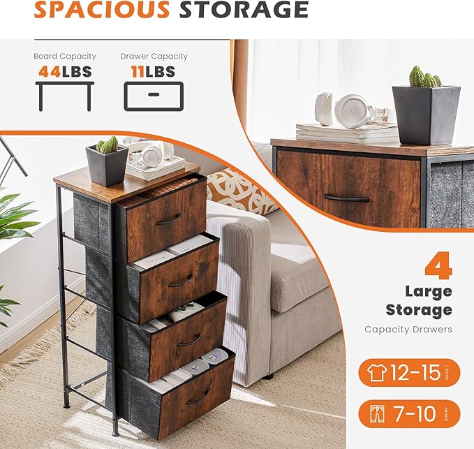 Sweetcrispy 4 Drawer Dresser, Fabric Storage Tower Organizer with Sturdy Steel Frame and Wood Top, Easy Pull Handles, for Bedroom, Closet, Entryway, Hallway, Brown