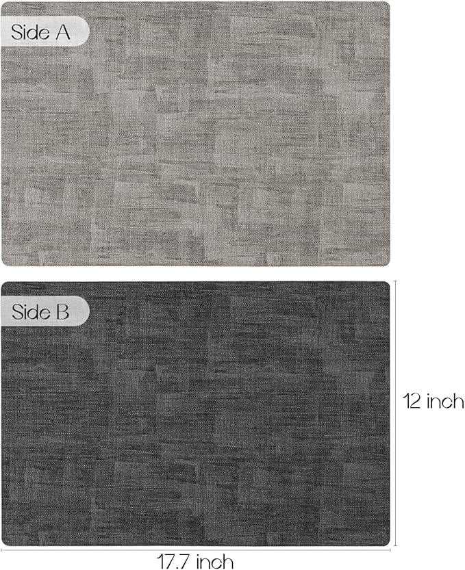 Romanstile Vinyl Placemats Set of 8-17" x 12", Reversible Waterproof Washable Non Slip Table Mats, Faux Leather Heat Resistant Wipeable Table Placemats for Dining/Party/Indoor/Outdoor, Grey-Light Grey