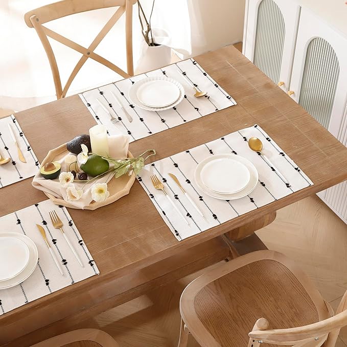 Farmhouse Placemats 13 x 19 Inch Set of 6 for Dining Table Decor Woven Cloth Place Mats for Boho Rustic Kitche Spring Home Decor Cotton Placemats Black and Beige Table Mats