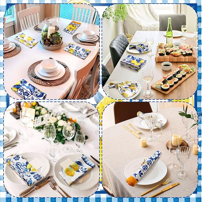 Sratte 12 Pcs Capri Lemon Cloth Napkins Mediterranean Yellow Blue Floral Cloth Napkin Italian Style Dinner Towel Amalfi Coast Party Decorations for Home Dinner Party Kitchen Wedding Cocktail