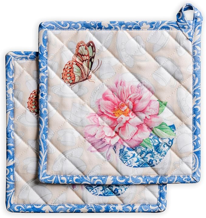 Maison d' Hermine Pot Holders 100% Cotton Heat Resistant Potholders 8" x 8" Hot Pads with Loop BBQ Cooking Baking Gifts for Mothers Day Handling Hot Pans Spring/Summer (Pack of 2, Canton)