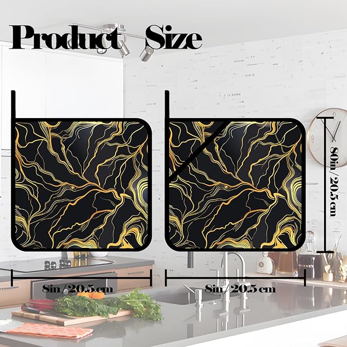 Black Golden Marble Pot Holders 2 PCS,Kitchen Heat Resistant Hot Pads for Cooking Grilling Baking BBQ, Pot Holders for Women Cook Home Microwave