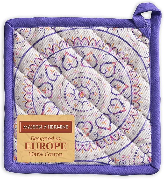 Maison d' Hermine Pot Holders 100% Cotton Heat Resistant Potholders 8" x 8" Hot Pads with Loop BBQ Cooking Baking Gifts for Mothers Day Handling Hot Pans Spring/Summer (Pack of 1, Mandala)