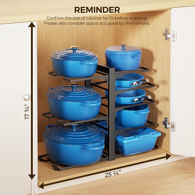 LAMU Pots and Pans Organizer Organizer under Cabinet 15.83" Height, 8 Adjustable Tier Heavy Duty 120LB Pot and Pan Organizer Rack inside Cabinet for Cast-iron Pan, Heavy Skillets Griddle, Shallow Pot