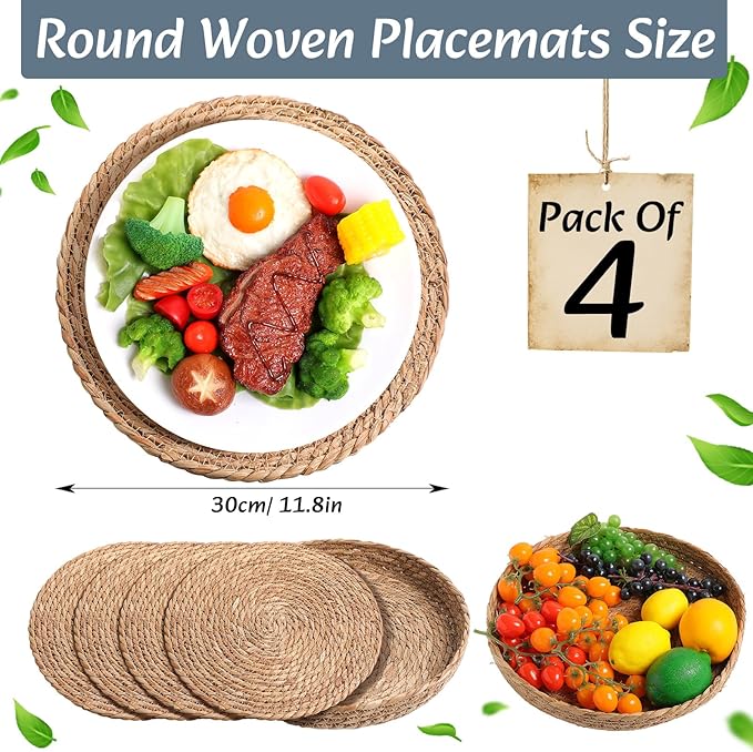 Boho Placemats 4/6/8 Set of Round Woven Placemat Macrame Style Bicolor Stitching Long Table Runner Farmhouse Rustic Natural Burlap Cotton for Kitchen Dining Table(4 Sets,Blue,12x72)
