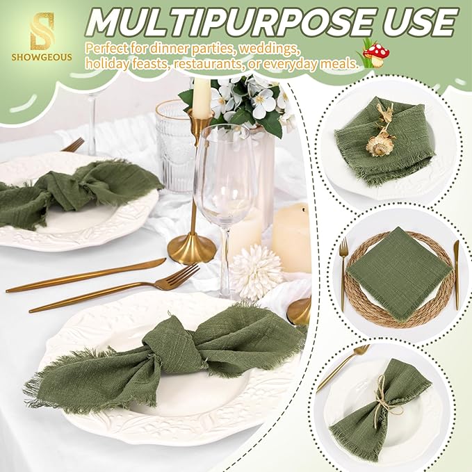 Showgeous 10 Pack Olive Green Cloth Napkins with Fringe 16x16 inch 100% Cotton Green Napkins Handmade Dinner Napkins Bulk Washable Soft Rustic Table Napkins for Wedding Parties Bridal Baby Shower
