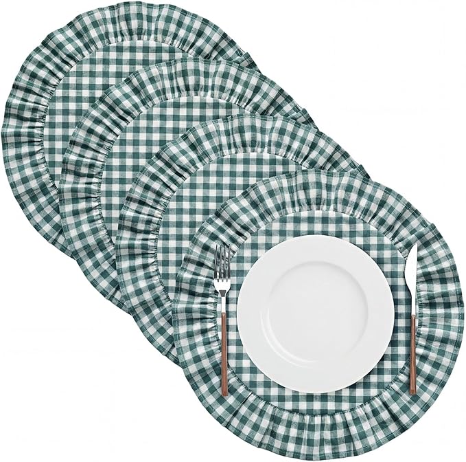 4 Pcs 15 Inch 100% Cotton Scalloped Round Placemats, Thin Dark Green Gingham Place Mats with Ruffle, Washable Placemats Table Mats for Kitchen Dining Holiday Gatherings Decor