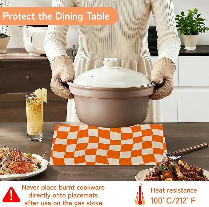 Abstract Orange Plaid Placemats Set of 6,Washable Kitchen Dining Linen Table Mats for Home Party Dinner Indoor Outdoor 12x18Inch