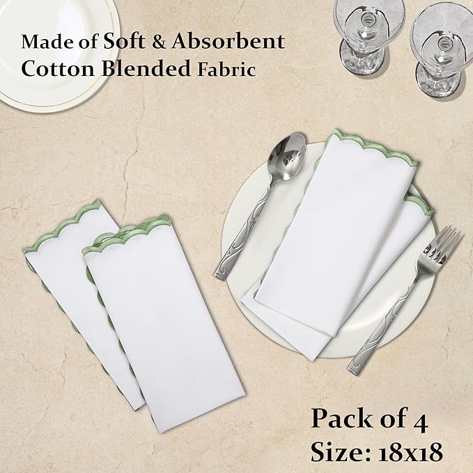 Ridhi Cloth Napkins 100% Pure Cotton Farmhouse Wedding Dinner Napkins Gift for Spring, Easter, Valentine, Holiday, Everyday Napkin (4-18" x 18" White with Sage Green Edge)