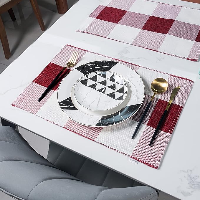 Red Placemats Set of 4, Linen Buffalo Plaid Double Layer Spring Placemats Check Kitchen Table Mats,Waterproof Heat Resistant Durable Cloth Washable Placemats 12 x 18 Inches