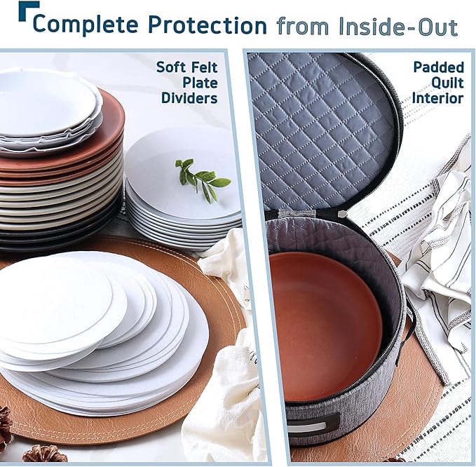 Fine China Storage Containers, 5 Piece Quilted Dish Storage Containers, Mug, Cup, and Plate Dish Organizer with Felt Dividers, Service of 12 Dinnerware Boxes for Moving, Seasonal Organization, Grey