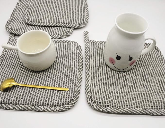 Cotton Oven Mitts and Pot Holders Set, Kitchen Quilted Oven Gloves, Hot Pan Mat Pads Set for Cooking Grilling Barbeque Baking Heat Resistant Set of 3 (3, Grey Stripes)