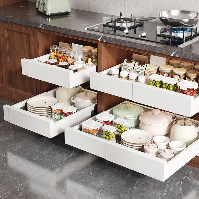 Seinloes 2 Pack Pull Out Cabinet Organizer Expandable Width(13"-21") and Depth(13"-17"),Slide Out Drawers With Raising Pad for Framed Cabinets,No Drill Roll Out Shelves for kitchen,Bathroom,White