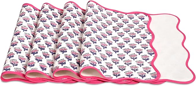 CPC Cotton Placemats Pink Sapphire Set of 4-Hand Block Printed Reversible Placemats, Flower Scalloped & Embroidered Cloth Table Mats - 14 x 20 inch Gift for Spring, Mother's Day