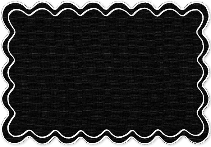 Whaline Black White Linen Placemats Embroidered Scalloped Kitchen Place Mats for Birthday Party Home Dining Table Decor, Set of 6, 13 x 19 in