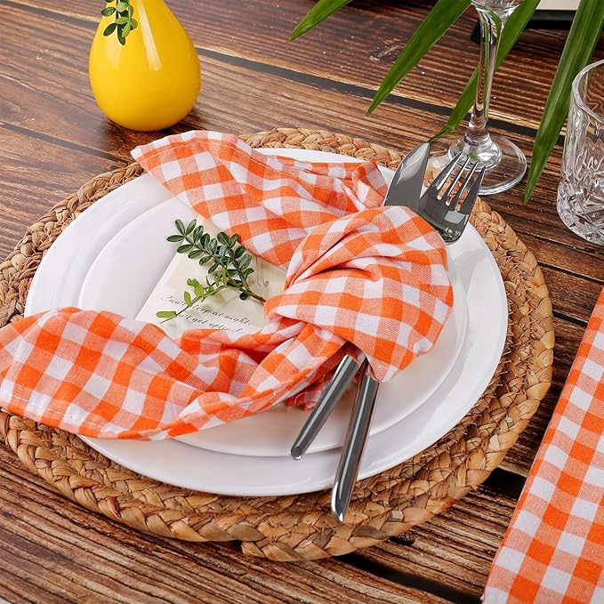 Orange White Buffalo Plaid Cloth Napkins Set of 6, Fall Cotton Table Napkins Washable, Reusable Gingham Cloth Dinner Napkins for Autumn Weeding, Parties, Thanksgiving, Christmas, Dining Celebration
