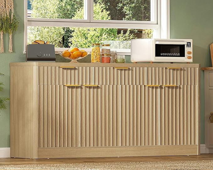 usikey Large Buffet Cabinet with Storage & Drawers, Sideboard Cabinet with 2 Adjustable Shelves & 4 Doors, Coffee Bar Station, Kitchen Storage Cabinets, Natural
