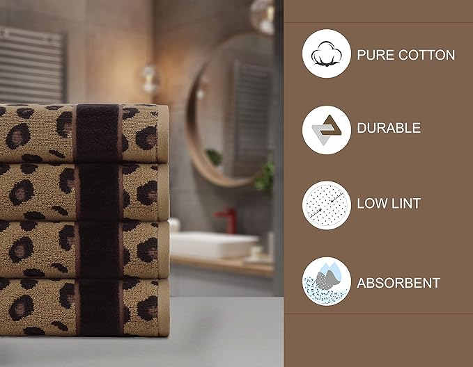 COTTON CRAFT Hand Towels - Set of 4 Animal Print Cheetah Leopard Africa Safari Decorative Hand Towel - 100% Cotton Jacquard Luxury Guest Towel - Soft Quick Dry Absorbent Bathroom Face Towel - 16 x 28