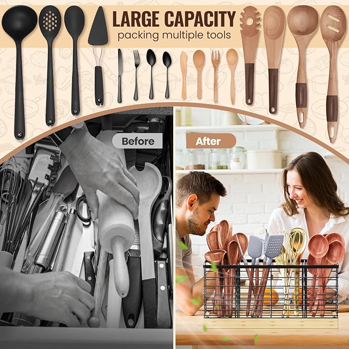 Yirilan Large Kitchen Utensil Holder, Cooking Utensil Holder for Counter, Cooking Holder for Spatula with Wooden Base, Kitchen Countertop, Farmhouse Cooking Utensil Storage (4 Compartments)
